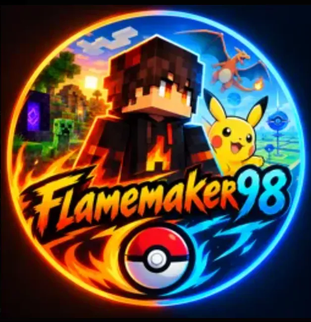 Flamemaker98 colorful gaming logo featuring Minecraft and Pokémon