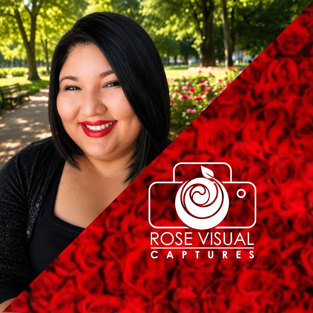 Rose Visual Captures promotional portrait and red rose camera logo